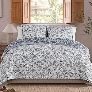 BLOOMHAVEN Quilt Set Queen Size, Oxford Blue Floral Quilt Sets, Reversible Bedspread Lightweight and Breathable for All Seasons, Soft Quilted Bedspread with 2 Pillow Shams