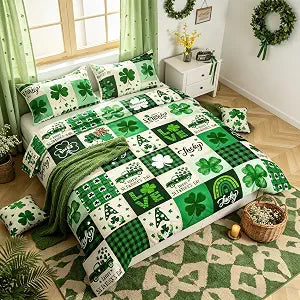 Happy St. Patrick's Day Kids Duvet Cover Set King Size,Cartoon Gnomes Leaves Irish Bedding Set,Girls Boys Room Decor,Geometric Plaids Grids Comforter Cover,Green Retro Quilt Cover,2 Pillowcases