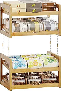 BAMBANG Can Organizer for Pantry, 4 Tier Stackable Bamboo Canned Food Storage Rack, Rolling Soda Can Dispenser Holds Up to 48 Cans, Detachable Can Organizer for Cabinet, Natural