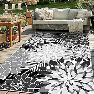 ZonLi Outdoor Rug 5x8Ft Waterproof Multicolored Black White Indoor Area Rug Washable Outdoor Patio Rugs Tropical Floral Non Slip Outdoor Carpet for Living Room, Pool,Backyard,Deck,Camping.