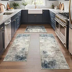 GENIMO Kitchen Rug Sets of 3, Non-Slip Washable Low-Pile Kitchen Mats for Floor, Waterproof Abstract Kitchen Runner Rug, Floor Mat Carpet for Hallway, Laundry, Sink, Entryway, Bathroom, Blue