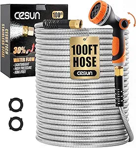 Cesun 100 ft Metal Garden Hose, Stainless Steel Heavy Duty Water Hose With 10 Function Nozzle, No Kink & Flexible, Lightweight and Durable, Rust Proof for Yard, RV, Pet Bath, Outdoor, 100 foot x 5/8"