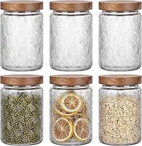 Suclain 6 Pack 23.7 oz Vintage Glass Jar with Wooden Lids Airtight Storage Food Container Jar for Kitchen Bathroom Pantry Decorative Vintage Canister for Coffee Beans, Brown Sugar(Sector)