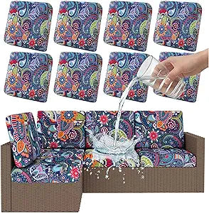 Smiry Waterproof Patio Cushion Covers, Stretch Outdoor Couch Slipcovers Replacement Washable Furniture Protector Sofa Chair Seat Cover for Dogs and Pets (8 Pcs, Blue Green)