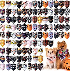 Wesiti 100 Pieces Halloween Dog Bandanas Bulk Holiday Pet Accessories Triangle Dog Scarves Bibs Adjustable Soft Puppy Cats Bandanas for Small Medium Sized Dog Pets