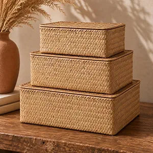 Decorative Wicker Storage Boxes with Lids - Set of 3 Seagrass Organizers
