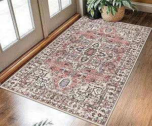 KOZYFLY Boho Area Rug 3x5 Ft Rugs for Entryway Washable Entry Rug Non Slip Door Mat Indoor Entrance Printed Faux Wool Throw Rugs for Entrance Kitchen Living Room, Red Salmon/Pink/Navy
