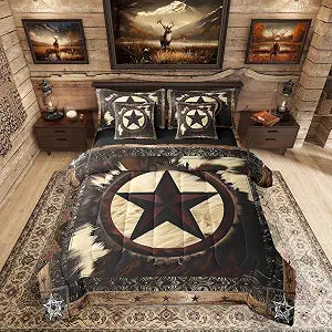 Erosebridal 7 Pcs Rustic Cow Comforter Set Queen Size,Western Texas Star Bed in a Bag with Flat Fitted Sheet for Cowboy Cowgirl,Cowhide Cow Print Bedding Set with Pillowcases and Cushion Cases