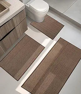YIHOUSE Bathroom Rugs Sets 3 Pieces, Coffee Ultra Thin Bath Mats Fit Under Door, Absorbent Quickly Dry Rubber Backing Braided Bath Mat Set, Non Slip Washable Bath Rugs Mat for Bathroom Floor, Coffee