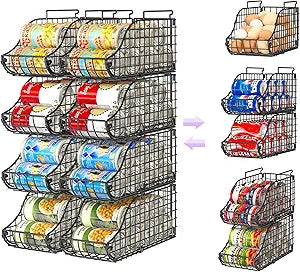 8-Pack Can Organizer for Pantry, Stackable Cabinet Food Shelves for Fridge, Wire Cupboard Storage, Holds up to 72 Beers,Small Metal Bin for Drink Beverage Egg Gillas, Rack for Kitchen Countertops RV