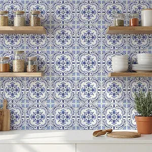 16 Pack, 5.9 Inch Vintage Tile Stickers, Ornate Blue and White Peel and Stick Vinyl for Backsplash, Stairs, and Furniture (Blue)