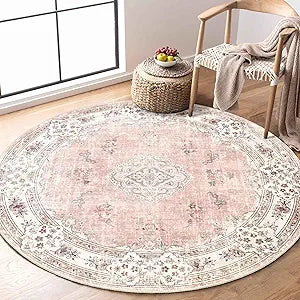 MUJOO Pink Round Rug 4ft,Circle Washable Area Rugs for Bedroom Living Room Bathroom,Boho Small Non Slip Circular Carpet,Blush Floral