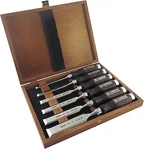 Narex 6 pc Set 6 mm (1/4), 10 (3/8), 12 (1/2), 16 (5/8), 20 (13/16), 26 (1-1/16) Woodworking Chisels in Wooden Presentation Box 853053