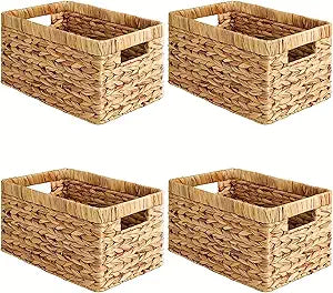 Water Hyacinth Storage Baskets for Shelves Set of 4  Wicker Baskets for Storage and Organizing, Woven Shelf Baskets with Handles for Pantry, Kitchen, Bathroom and Bedroom, 13" x 8.25" x 7"