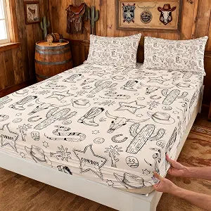 Western Cowboy Kids Fitted Sheet Twin Size,Cow Skull Horseshoe Cactus Rustic Bedding Set,Boys Girls Adults Bedroom Decor,Cowboy Boot Hat Farmhouse Bed Cover,Retro Bed Sheet,1 Pillowcase���No Flat Sheet���