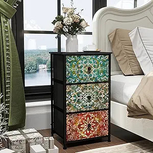 GiftGo Retro Dresser with Fabric Drawers Boho Mandala Flower Chest of Drawers Narrow Storage Tower for Small Spaces Gaps Bedroom Beautiful Nightstand Living Room Table (Mandala, 3 Drawers)