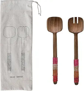 12 Inches Teakwood Kitchen Salad Servers with Rattan Wrapped Handles and Drawstring Bag, Multicolored, Set of 2