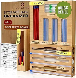 Kitchen Drawer Organizer, 9 in 1 Sandwich Storage Bag Organizer & Foil Wrap Dispenser - Fits Gallon, Quart, Snack - Plastic Bag Storage for Kitchen Organization [Measure Your Drawer Before Ordering]