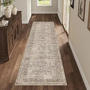 Fmfunctex 2x8 Runner Rug Taupe Washable Vintage Neutral Distressed Non Slip Low Pile Indoor Carpet Soft Retro Floral Hallway Entryway Rug for Kitchen Living Room Bedroom Bathroom Laundry Entry Bedside