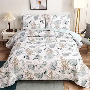 Ycosy Coastal Quilt Set Full/Queen Size Beach Themed Bedding Summer Quilts Set Lightweight Reversible Bedspread Coverlets Seashell Starfish Seaweed Bed Spread Soft Home Bed Cover with 2 Pillow Shams
