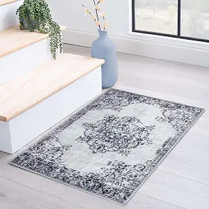 SUPERIOR Indoor Non-Slip Area Rug, Foam Backed Rugs for Living Room, Kitchen, Entryway, Bedroom, Dining, Office, Floral Medallion Home Floor Decor, Decklan Collection - 2ft x 3ft , Grey