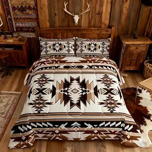 Manfei Aztec Print Kids Comforter Set Queen Size,Western Cowboy Southwest Tribal Bedding Set,Boys Girls Adults Room Decor,Abstract Geometric Patchwork Qulit Set,Brown Retro Duvet Insert,2 Pillowcases