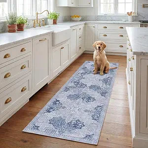 SAFAVIEH Washable Rug Tucson Collection - 2'6" x 8' Runner, Grey & Navy, Slip Resistant & Easy to Clean, Ideal for Hallway, Foyer, Entryway, Bedroom (TSN193F)