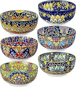 vancasso Cereal Bowls Set of 6, Bohemian Ceramic Soup Bowls, 28 oz Colorful Bowls Set for Kitchen, Dishwasher & Microwave Safe for Salad, Pasta, Rice, Oatmeal, Fruit