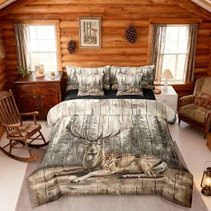 Erosebridal Rustic Moose Bedding Set King Farmhouse Forest Elk Deer Comforter Set 7 Piece Retro Cabin Lodge Bed in A Bag for Adults Vintage Country Wildlife Quilt with Flat Fitted Sheet