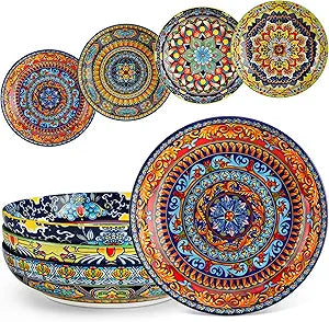 vancasso Pasta Bowls Set of 4, Ceramic Salad Serving Bowls, 42Oz Large Pasta Bowls, 8.7 in Colorful Bowl Plates for Soup, Bohemian Shallow Bowls for Kitchen, Microwave & Dishwasher Safe