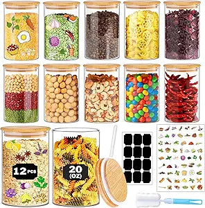 BGraceyy Glass Jars with Bamboo Lids 20 oz, 12 Pcs Stackable Kitchen Glass Pantry Storage Containers with Airtight Bamboo Lids for Rice, Candy, Sugar, Flour, Nuts, Cookie, Bean