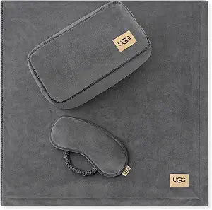 UGG Raegen Travel Blanket & Eye Mask Set  3 Piece Plush Travel Accessories Kit with Carry Case, Soft Airplane Travel Blanket for Flights & Car, Cozy Travel Essentials & Gift Sets for Women, Gray