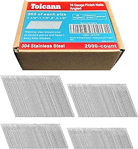 16 Gauge Angled Finish Nails 304 Stainless Steel 1-1/4~2-1/2" 20-Degree Finishing Nails 2000-Pack for Electric or Pneumatic Nailer Guns for Window Trim, Cabinet Building and DIY Projects