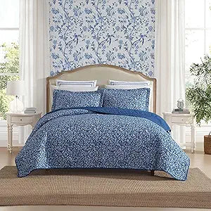 Laura Ashley - Quilt Set, Super Soft Fabric Bedding with Matching Shams, Toile-Inspired Print, Floral Home Essentials (Elaina Blue, Full/Queen)