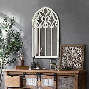 Vintage Gothic Arched Window Mirror, Distressed White Cathedral Wall Decor for Living Room, Entryway, or Bedroom  Rustic Farmhouse Accent, 16'' x 31.5''