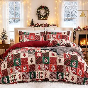 DJY Christmas Duvet Cover Set Queen Size, 3 Pieces Red Green Patchwork Plaid Bedding Set Christmas Tree Printed Soft Microfiber Duvet Comforter Covers with Pillowcases Zipper Closure