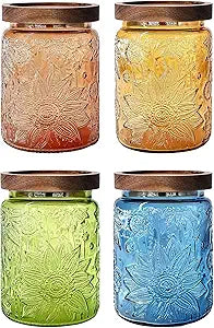 Glass Jars with Airtight Wood Lids  4 PC 24 OZ Vintage Storage Canisters Set for Kitchen Pantry Bathroom, Decorative Beautiful Containers for Coffee, Cookie, Sugar, Tea, Candy, Snack, Salt, Sunflower