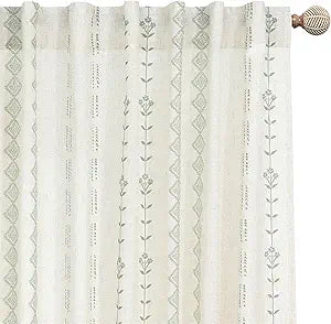 63 Inch Length Curtains 2 Panels Set,Sheer Linen Boho Sage Green Cream White Spring Leaf Curtains for for Living Room Kitchen Window Treatments