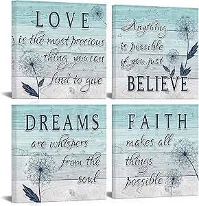 4 Panel Motivational Quote Canvas Wall Art Teal Blue Dandelion Picture Wooden Texture Poster Print on Canvas Modern Home Kitchen Bedroom Bathroom Wall Decor Framed Ready to Hang