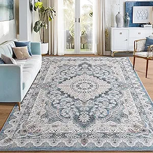 Foxmas 6x9 Area Rugs for Living Room, Machine Washable Vintage Rug, Non-Slip Low Pile Throw Rugs with Rubber Backing Washable Carpet for Bedroom Dining Room Kitchen Home Decor, Blue