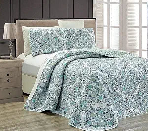 Linen Plus Full/Queen 3pc Reversible Oversized Bedspread Set Medallion Print Navy Blue White Teal Aqua Taupe New