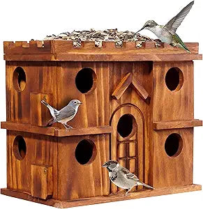 MIXUMON Wooden Bird Houses for Outside  9 Rooms Large Bird House, Carbonized Pine Rustic Finish, 1.5" Entrance Holes, Cleaning Doors, Outdoor Birdhouse Nesting Box (Rustic, 9 Rooms)