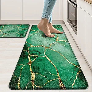 Tyrot Gold Green Kitchen Mats for Floor 2 Pcs Modern Marble Anti Fatigue Mats for Kitchen Floor Mat PVC Non Slip Waterproof Kitchen Rugs for Kitchen Floor Sink Office Laundry 17.3"X28"+17.3"X47"