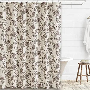 WOUVMA Extra Long Brown Shower Curtain Floral Cotton Linen Cottagecore Shower Curtain for Bathroom 90" L x 72" W