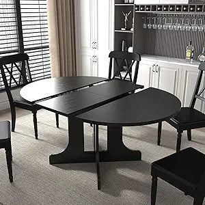 Rustic Wood Extendable Dining Room Table 43"-59" Oval Expandable Dining Tables for 4 6 People Industrial Round Extend Kitchen Table Space Saving for Family Gathering(Black)