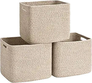 3 Pack Cube Storage Bin, 12x12x10 Cotton Rope Woven Baskets for Organizing Toys Clothes Towels, Square Gift Storage Baskets for Shelves, Nursery, Closet, Bathroom, Pantry (Jute)
