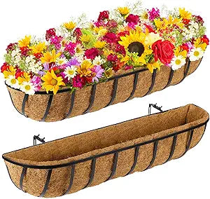 Tessco for you 2 Pieces Railing Planter Boxes, 36 Inches Window Box Planters with Coco Liner and Adjustable Brackets for Deck Porch Fence Patio Balcony Gardening Outdoor Plants