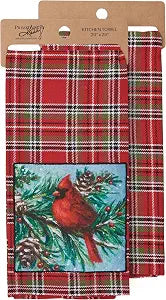 Primitives by Kathy Decorative Kitchen Towel Christmas Tartan Plaid Pattern/Winter Cardinal Art Panel/Seasonal Rustic Winter Theme Soft/Large 20x28