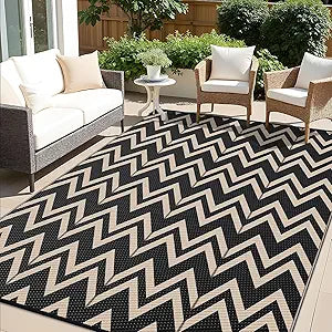 OLANLY Waterproof Outdoor Rug 6x9 ft Clearance, Reversible Outdoor Plastic Straw Rug, RV Mat, Indoor Outdoor Carpet for Patio, Camping, Balcony, Deck, Backyard, Black & Beige