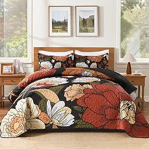 Andency Floral Boho Quilt King Size Bedding Set Black, 3 Pieces Farmhouse Flower Botanical Summer Bedspreads with 2 Shams, Soft Reversible Lightweight Polyester Coverlet Set for All Season, 106"x96"